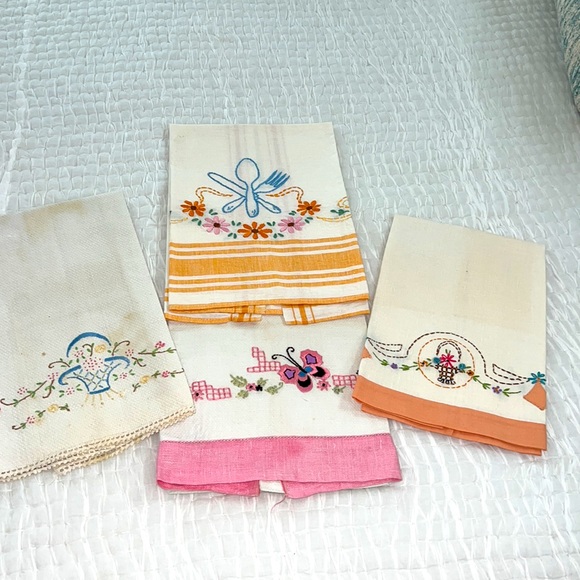 handmade Dining Vintage Dish Towels Hand Embroidered Set Of 4